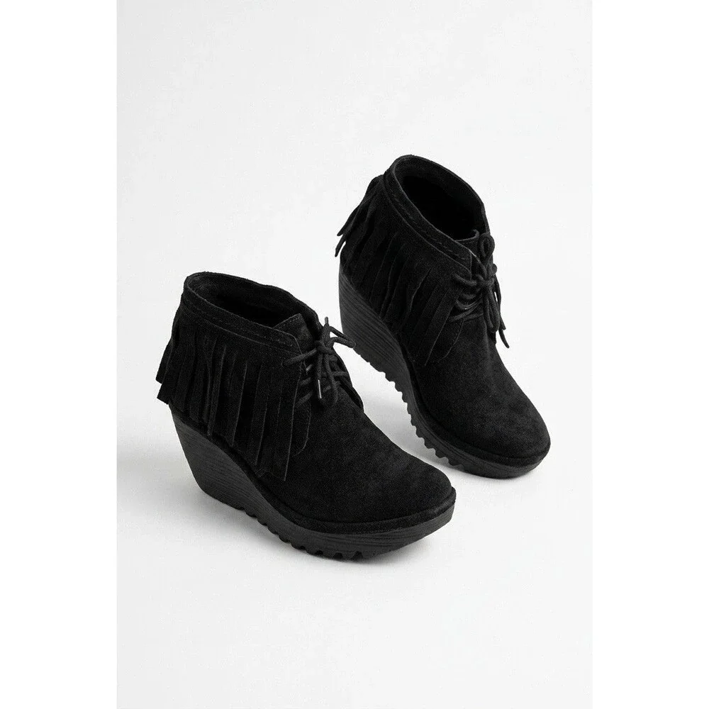 Fly London Yank Black Oil Suede Fringe Wedge Ankle Booties Boots US 7.5 EU 38